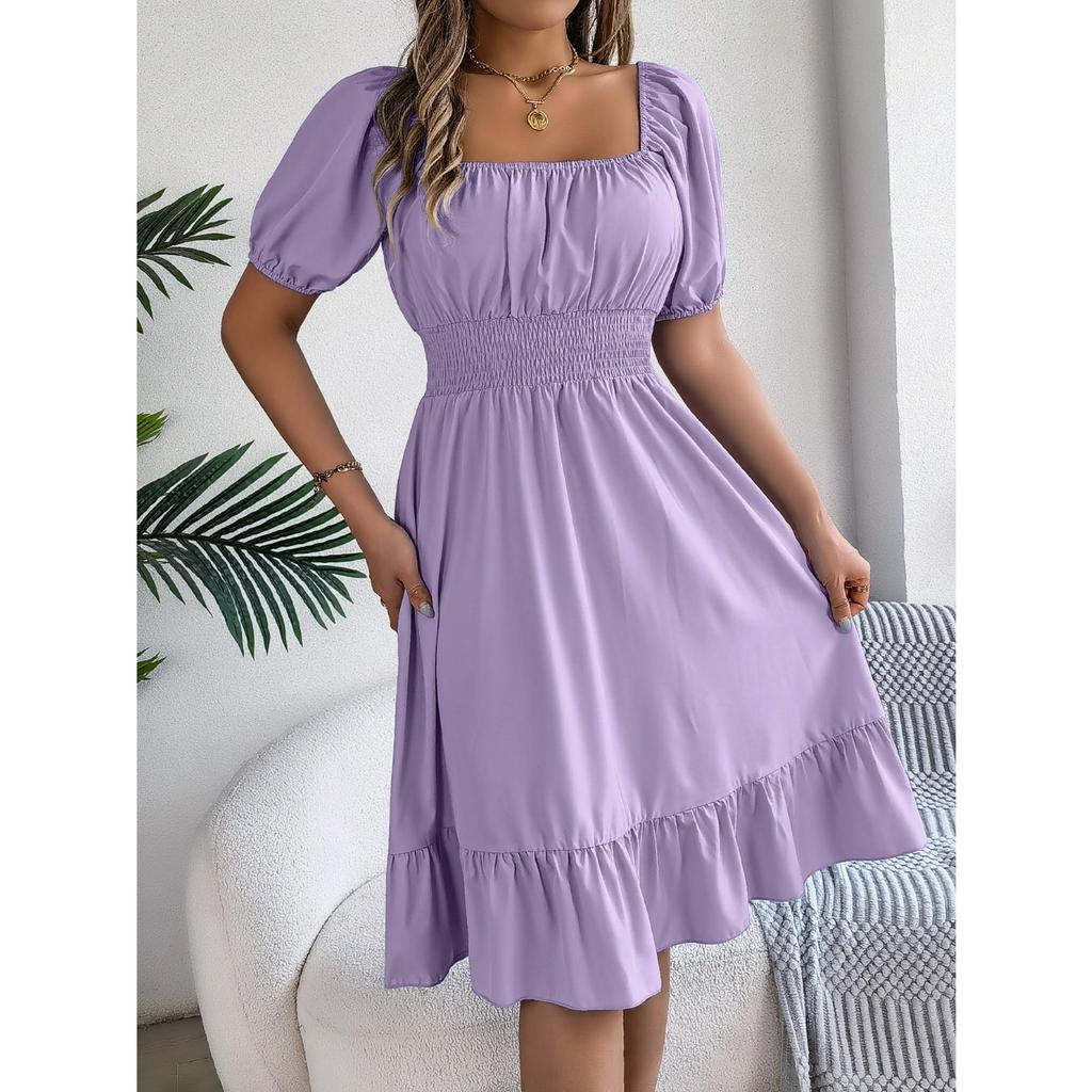 GMXIA Spring and Summer Casual Square-neck Short-sleeved, Waist-cinched, Ruffled A-line Skirt Women's Clothing