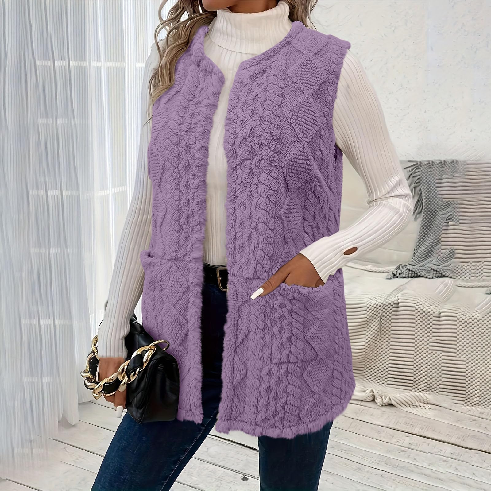 

Fashion Women s Winter Plush Wool Jacket Casual Knitted Vest Warm Lightweight Coat M фіолетовий