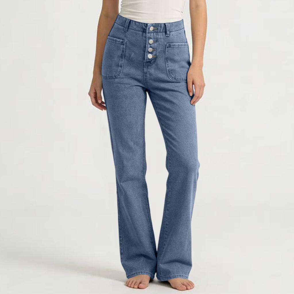 Women's Mid- Stretch Jeans Fashion Straight Leg Denim Pants With Pockets