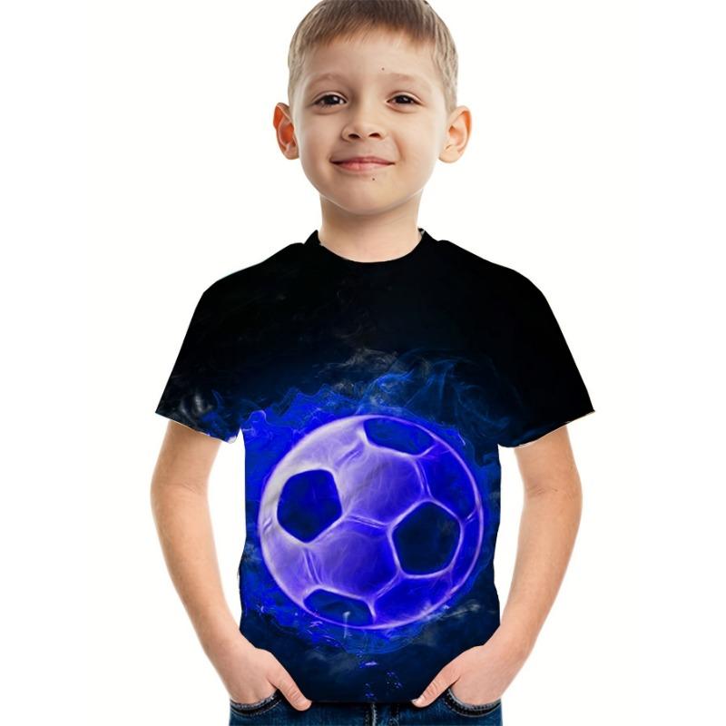Summer Round Neck 3D Flame Football Printed Top Fashionable Casual Short Sleeved Children's Boy T-shirts