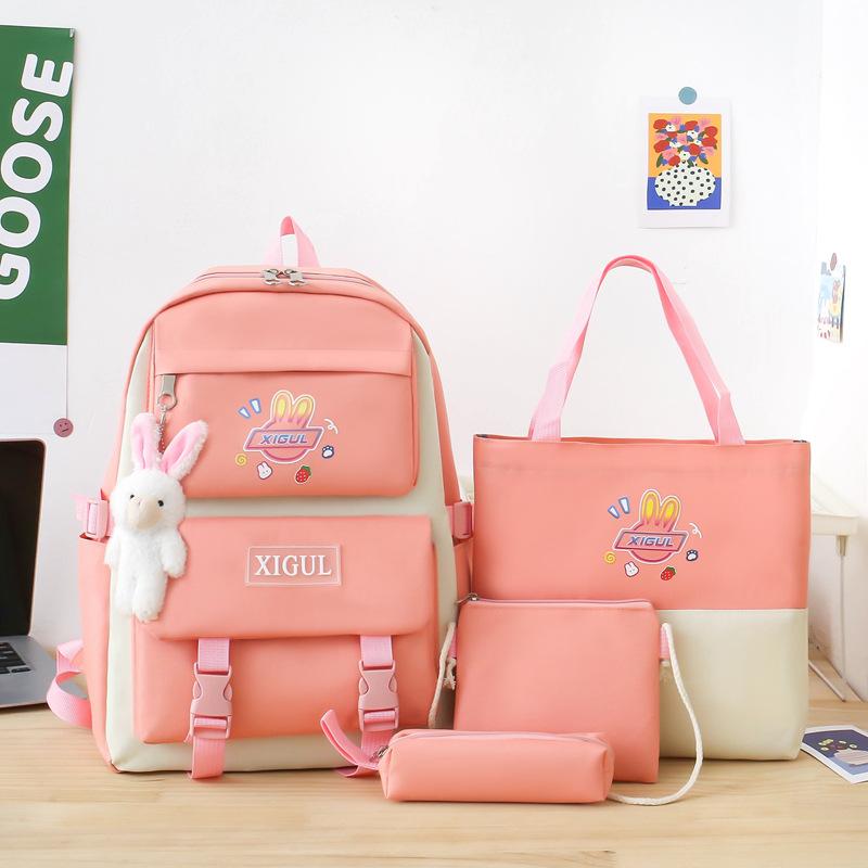 

School bag casual backpack women s fashion trend high school student school bag four-piece large-capacity outdoor travel backpack розовый