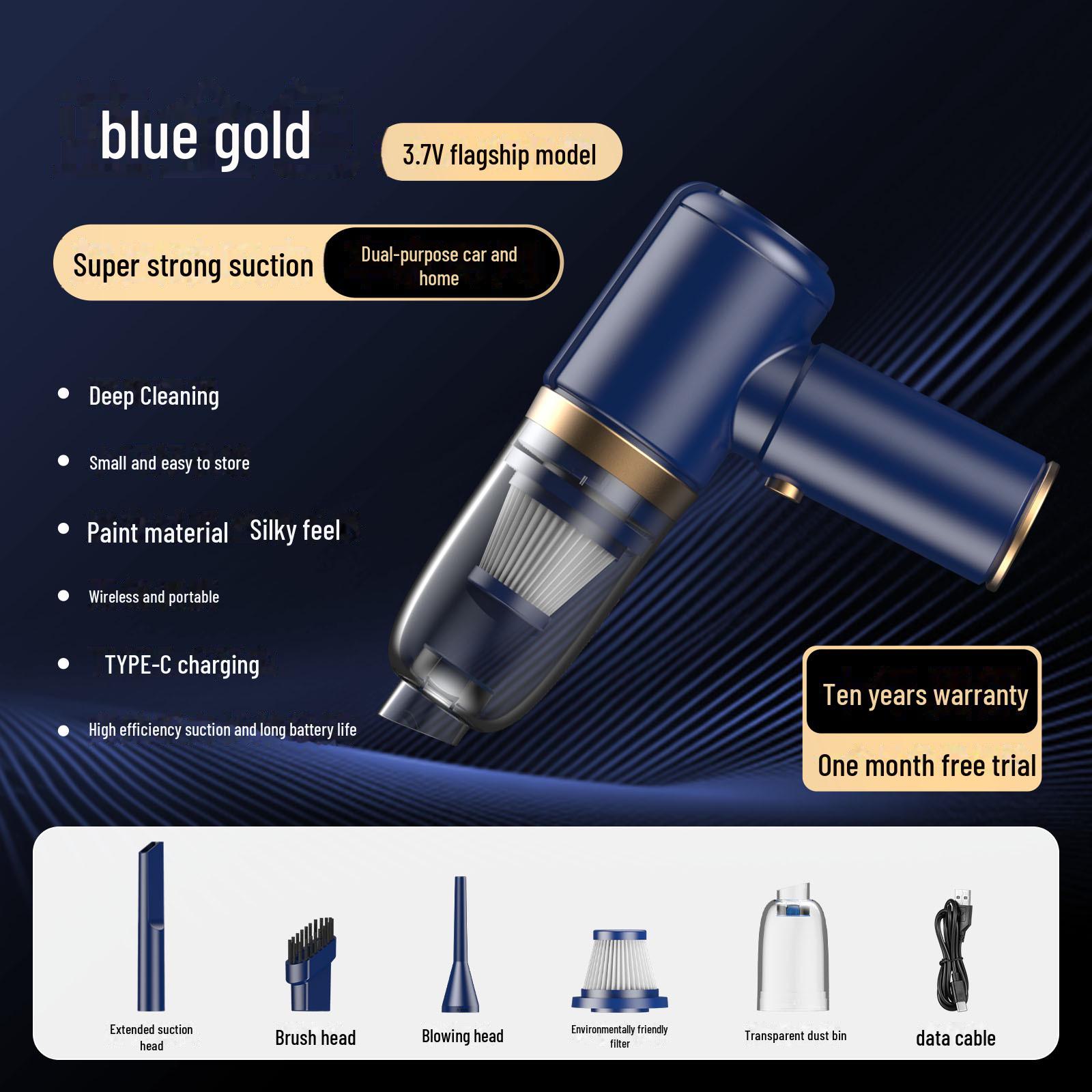 

Портативный беспроводной пылесос для автомобиля и дома: Высокомощный ручной мини-пылесос с функциями двойного всасывания и выдува. flagship model синий/золотой