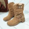 Fashion Round Toe Pleated Suede Block Heel Platform Low Top Short Boots Ethnic Women's Boots