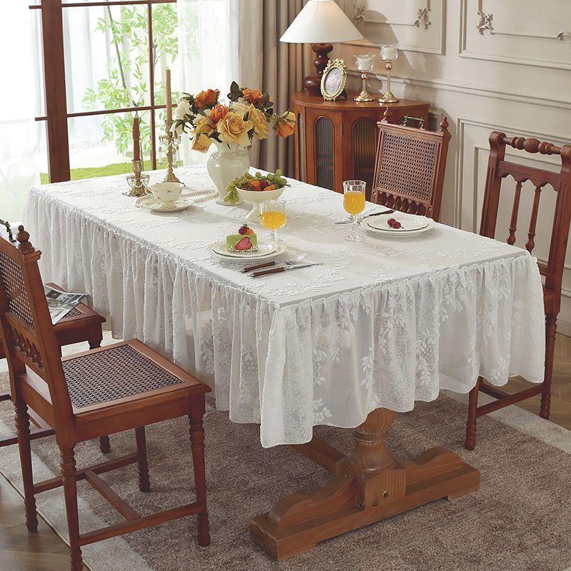 White Romantic Small Fresh Table Cloth Lace Jacquard Skirt Hem Rectangular Tablecloth Restaurant Decoration with Warm Placemats