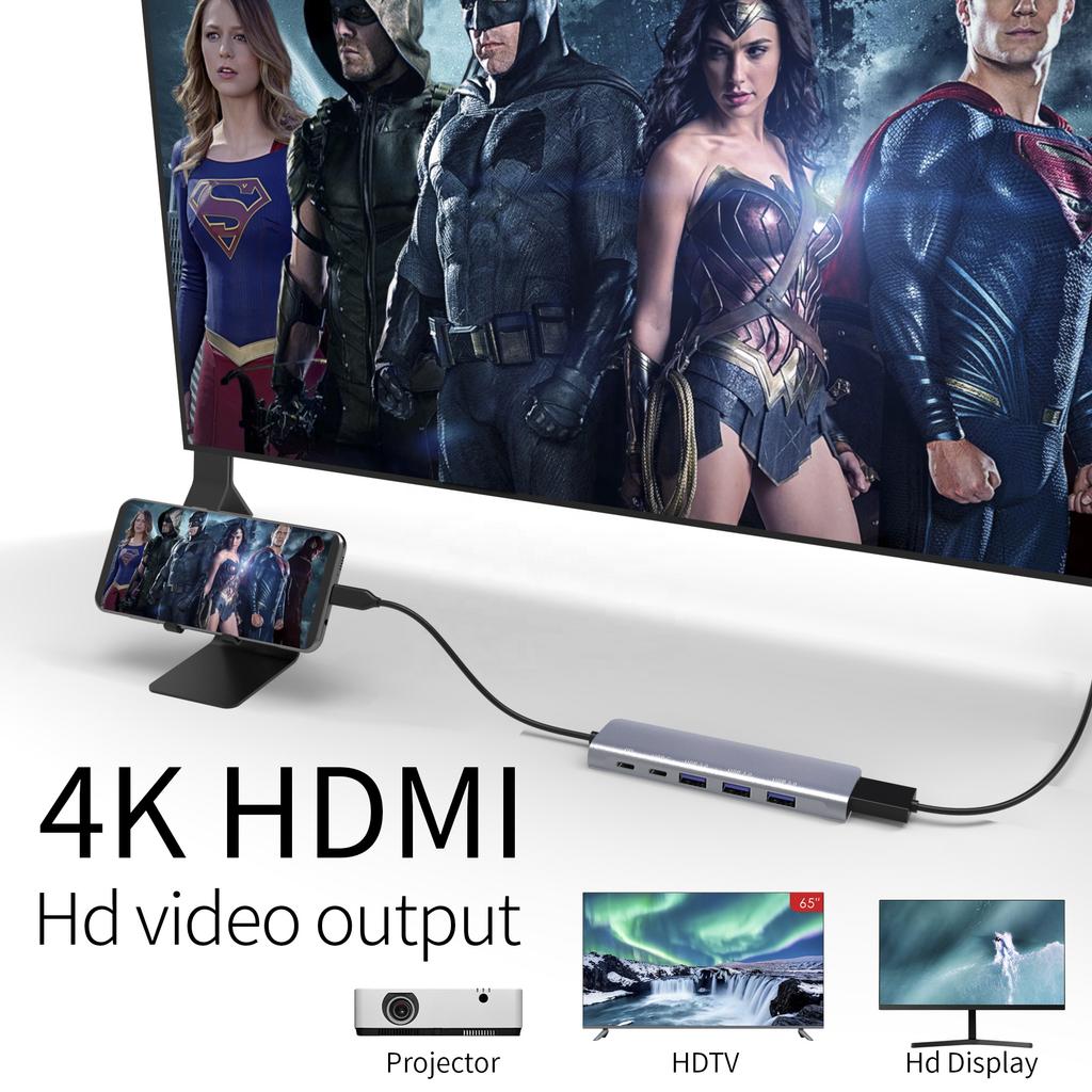 6 in 1 Aluminum Thunderbolt 3 Usb Hub Type-c Plug to 1*HD 4K+1*PD 100W+1*type-c Data+3*USB-A 3.0 Docking Station USB HUB