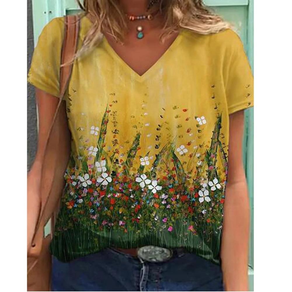 

Casual short sleeved V-neck T-shirt for women, loose fit, slim fit, summer fashion top XS