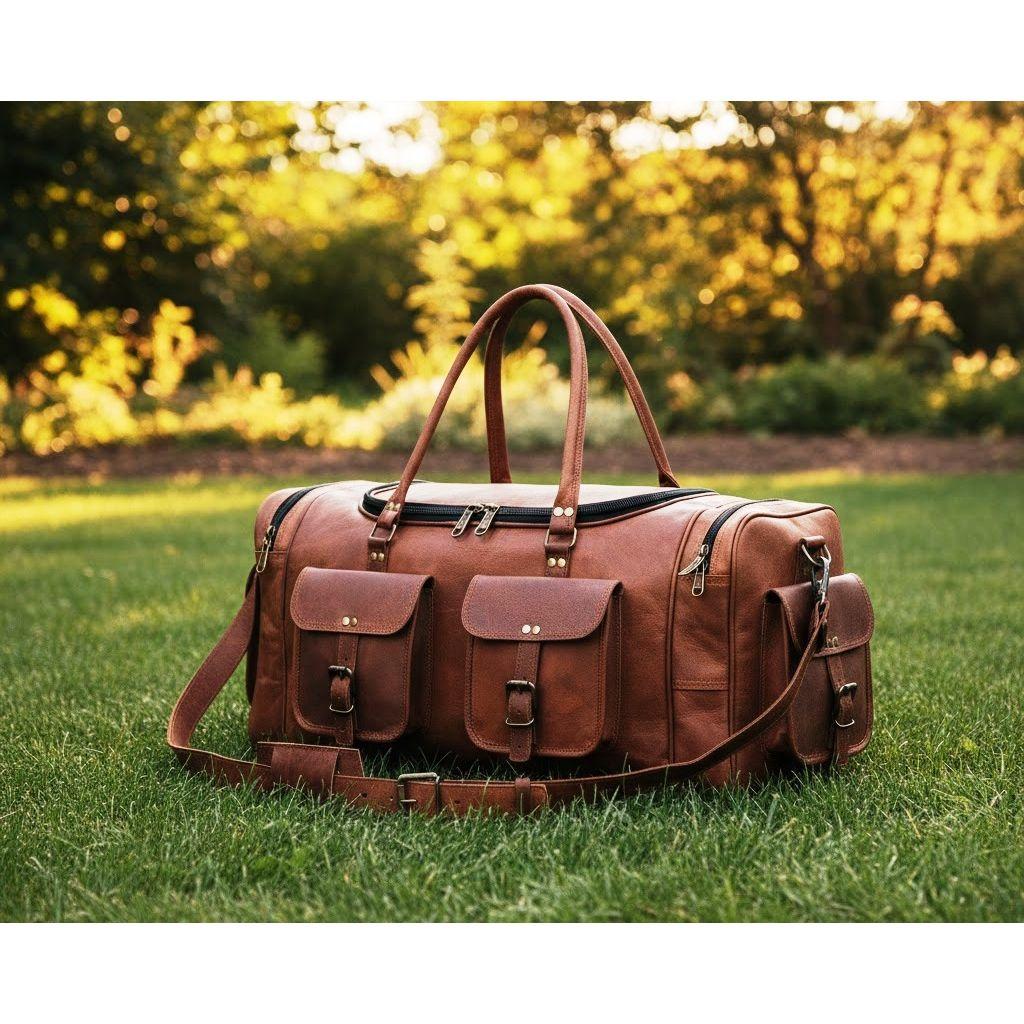 Leather 24 Inch U Zip Holdall Luggage Handmade Duffel Bag Carryall Weekender Travel Overnight Gym Sports Carry On Duffel Bag For Men And Women