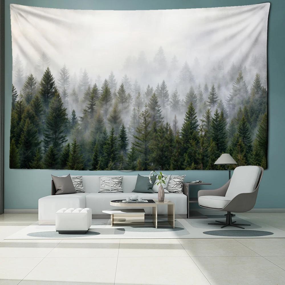 White Background Misty Pine Forest Tapestry Wall Hanging Simple Modern Art Landscape Dormitory Living Room Home Decor