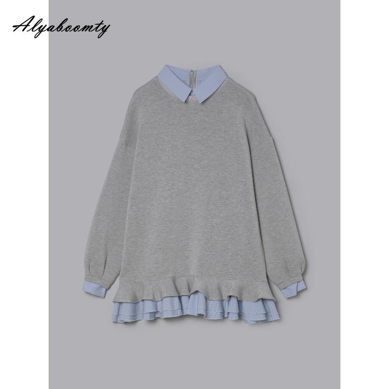 Korean Style Autumn Winter Women Hoodies Turn-Down Collar Patchwork Striped Oversized Pullover Layered Ruffles Outerwear