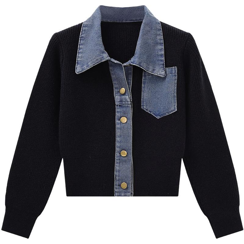 

Корейский стиль свободный свитер женский осенний джинсовый пэчворк вязаный топ куртка XL