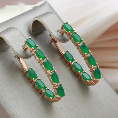 1 Pair Oval Green Stone Long Drop Earrings for Women Golden Color Full Zircon Setting Luxury Fashion Jewelry Gifts