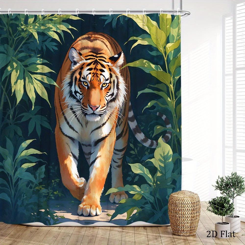 Majestic Tiger Shower Curtain Polyester Bathroom Decoration, Lush Green Leaves, Tropical Jungle Scene, 12 Hooks, 70X 70 Inches