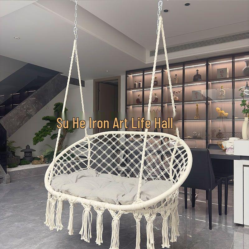 Nordic Indoor Outdoor Double Hanging Chair Swing with Tassel Cradle - Cotton and Linen Hammock for Homestay or Balcony.