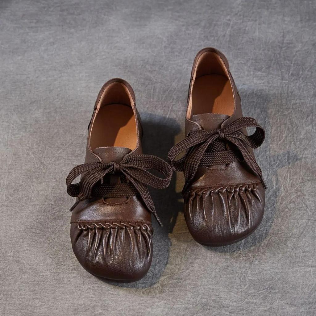 Johnature Handgefertigte Retro-Damen-Schuhe aus echtem Leder mit weicher Sohle, bequeme Schnürschuhe mit Falten und niedrigem Absatz
