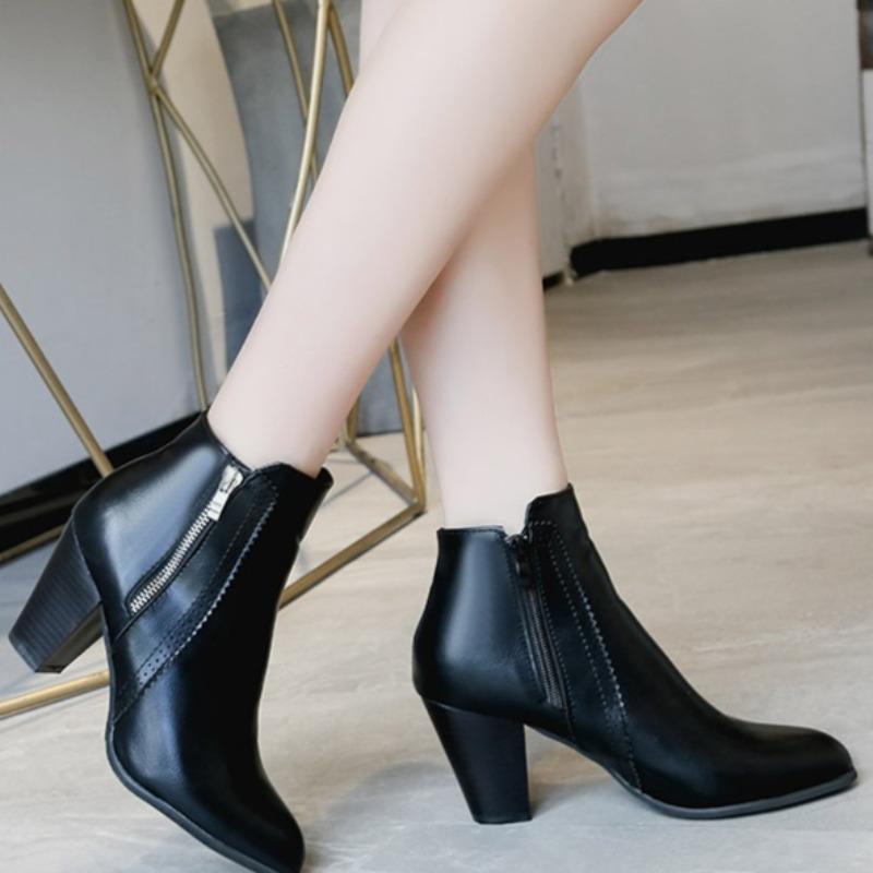 New Double Zip High Heel Booties for Autumn and Winter Women's Pointed Toe Block Heel Short Cylinder Naked Boots