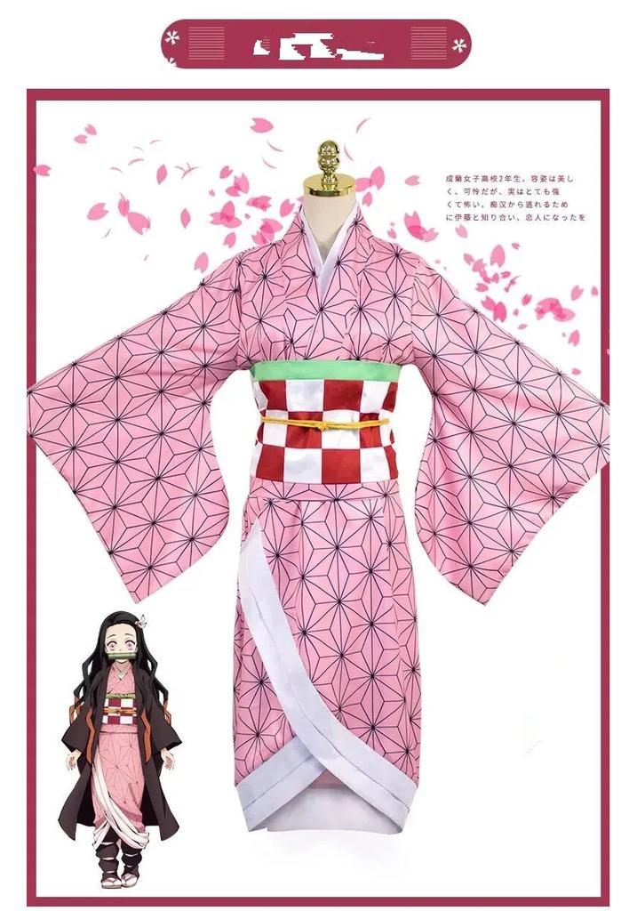 Cosplay Kamado Nezuko Costume di Halloween Abbigliamento per Feste Outfit Anime Kimetsu No Yaiba Parrucca Set Scarpe
