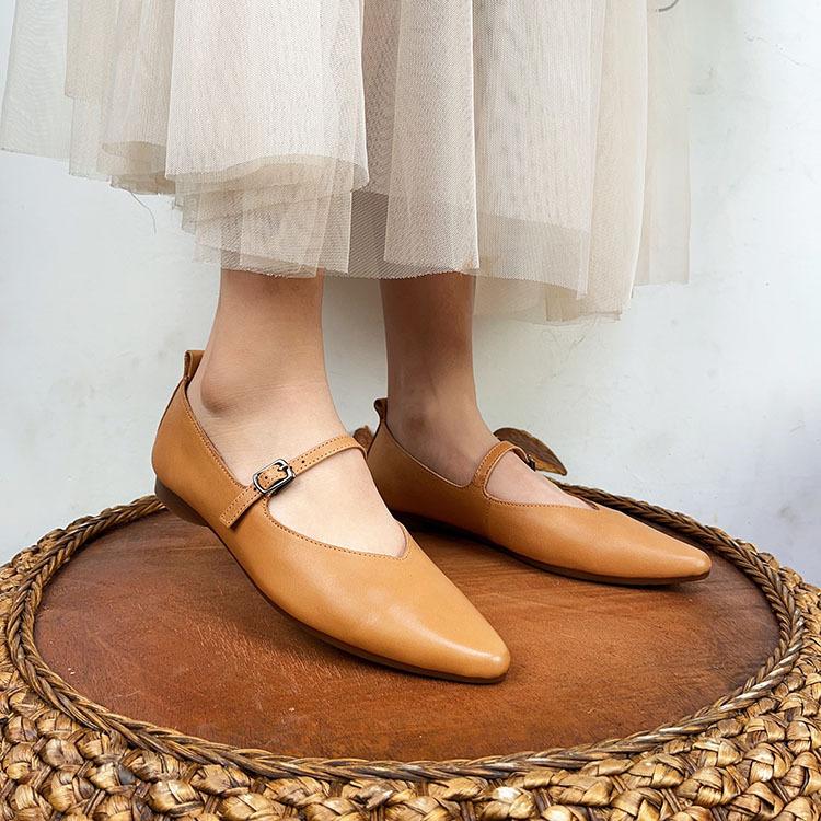 Johnature Vår Høst Retro Spenne Stropp Grunn Myk Uformell spiss Loafers Kvinner Ekte Skinn Flats Sko