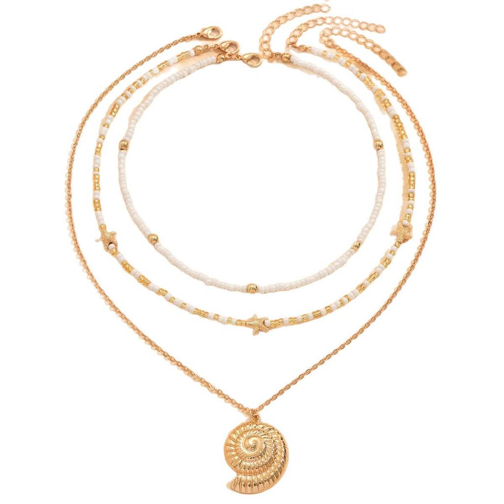 Starfish & Conch Pendant Necklace - Versatile Fashion Jewelry with Rice Bead Clavicle Chain for Women.