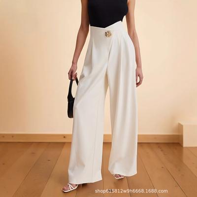 Women's Casual High Waist Irregular Waistband Pockets Long Wide Leg Pants