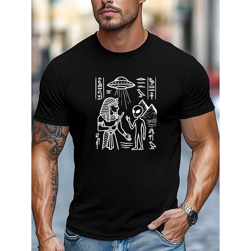 European Sizes Men's T-Shirt, Relaxed and Casual, Simple and Stylish, Men's Egyptian Pharaoh and Alien Graphic Summer Casual Crew Neck Short Sleeve