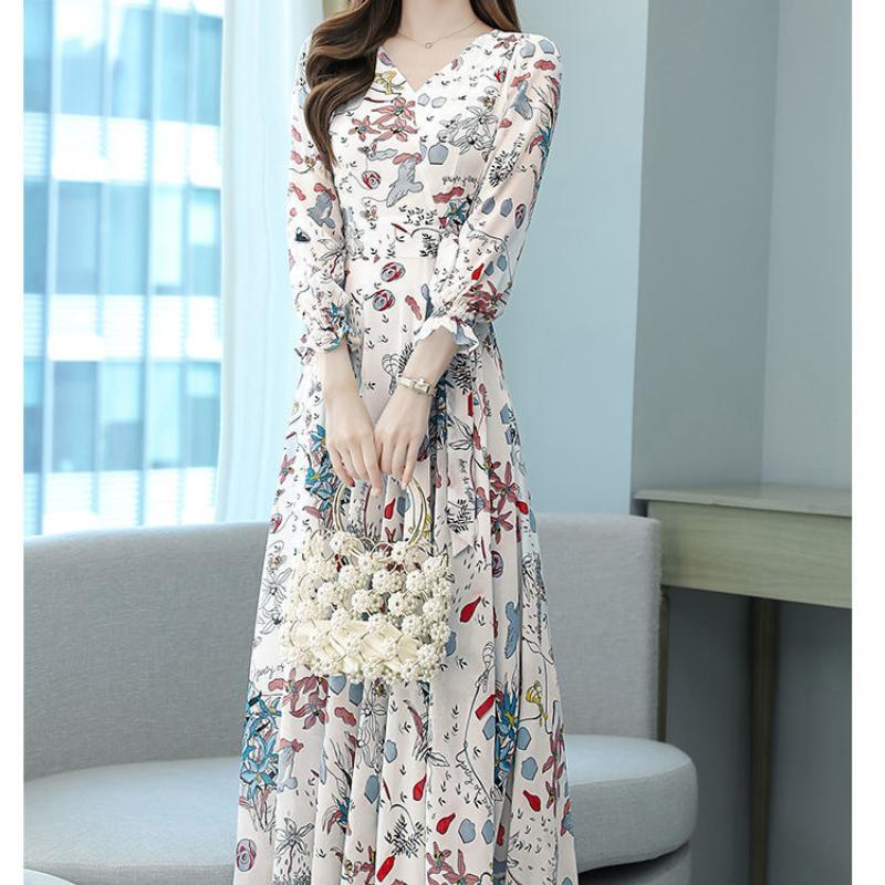 Elegant Floral Print Chiffon Dress Women's Spring Summer French Style V-neck Knee-length Fashionable Empire Waist Dresses