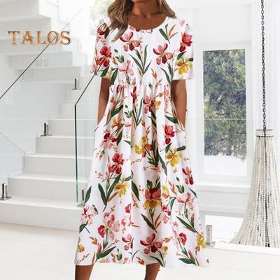 Women's Summer Short Sleeve Dress Casual Floral Print Round Neck Midi Dress with Pockets Flowy A-line Beach Sundress