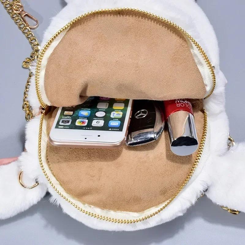 Niedliche flauschige Pompons aus Kaninchenfell Kettentasche Damen Cartoon Hase Umhängetasche Flauschiger Hase Schulterplüschrucksack Mädchen Geburtstagsgeschenke