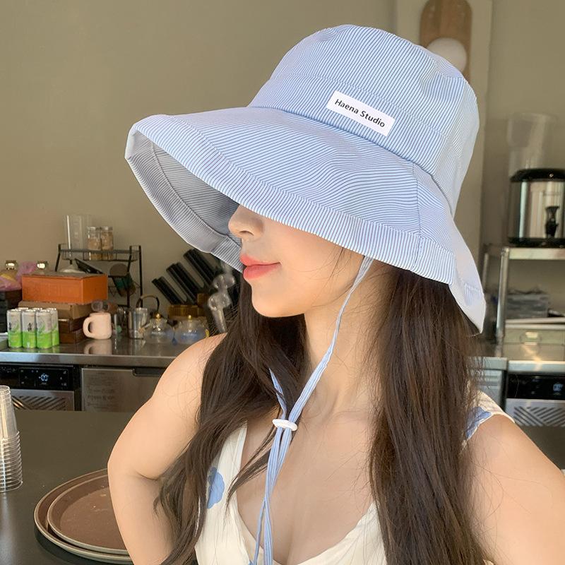 Summer Versatile and Fashionable Striped Big Hat Brim Small Fresh Striped Fisherman Hat Women Candy Color Pot Hat Sun Protection Fisherman Hat