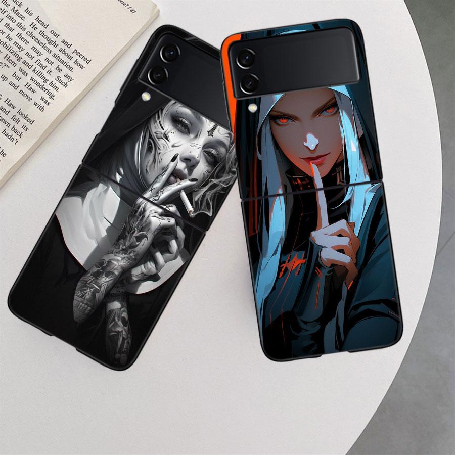 Dark Nun Phone Case For Samsung Z Flip 7 6 5G Galaxy Z Flip 5 4 3 Black Hard Cell Cover Luxury PC Shell Coque