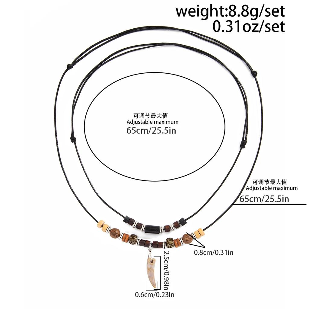 New 2Pcs/Set Ethnic Adjustable Wax Thread Rope Chain Necklace Men Trend Vintage Wolf Tooth Pendant Choker Male Neck Jewelry