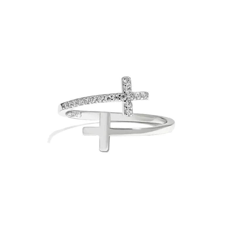 Verstellbarer Sterling-Kreuzring mit Zirkonia-Steinen für Herren und Damen Geometrischer Modeschmuck