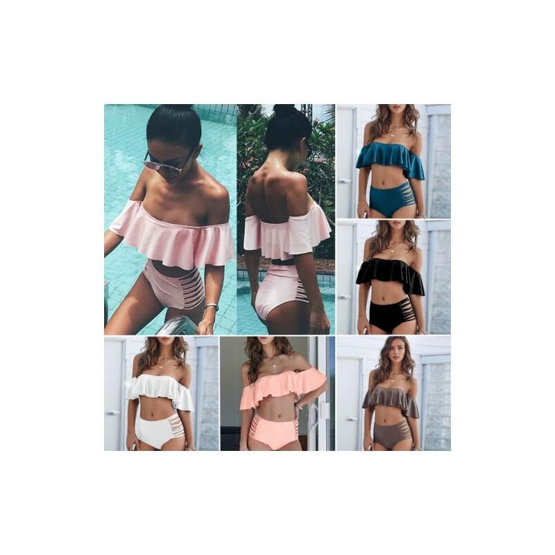 Elegant Women Bikini Push-up Ruffle Off Shoulder Swimwear Swimsuit Padded Bathing Suit