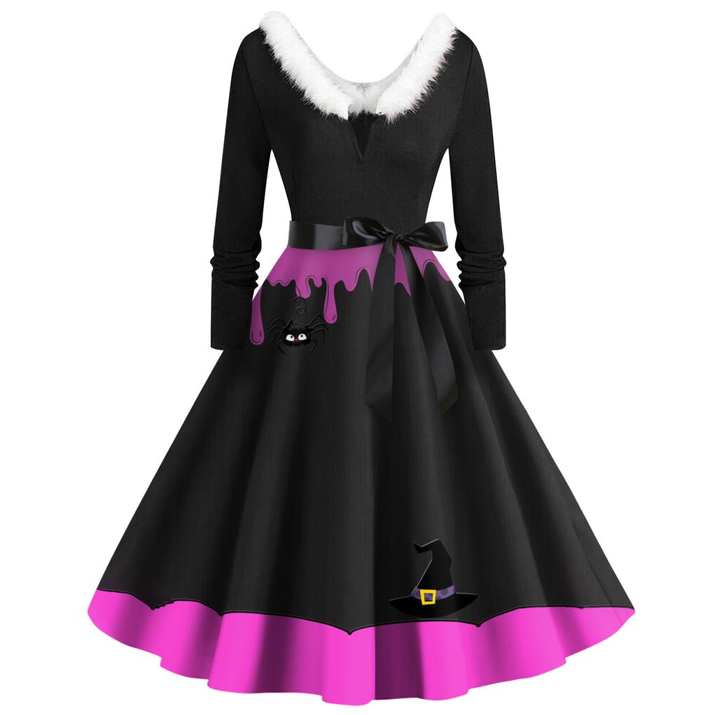 Women's Casual Fashion V-Neck Hairy Halloween Printed Long Sleeve Dresses