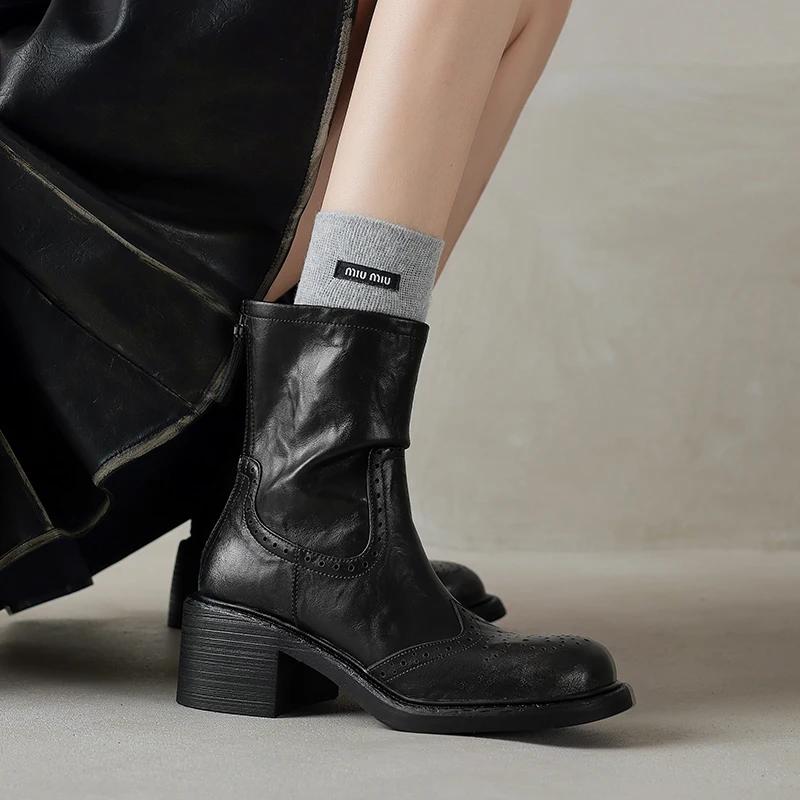 Fashion 2024 Winter Genuine Leather Women Boots Autumn Women Shoes Brogues Vintage Block Chelsea Boots Retro Ankl Boots