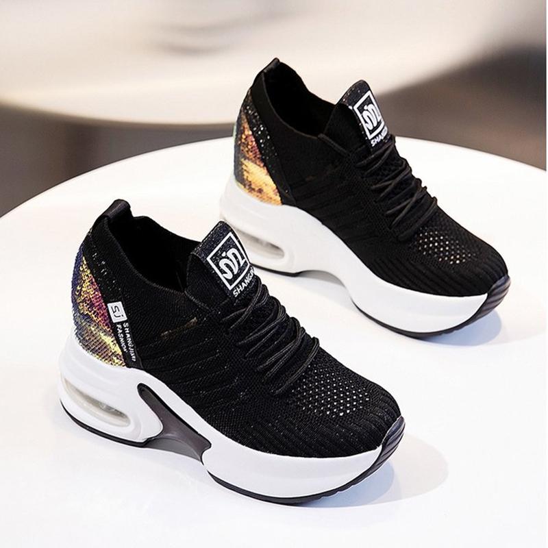 2025 New Women's Mesh Invisible Heightening Women's Wedge Heel Lace-up Sneakers Fashion Color Matching Women's Shoes