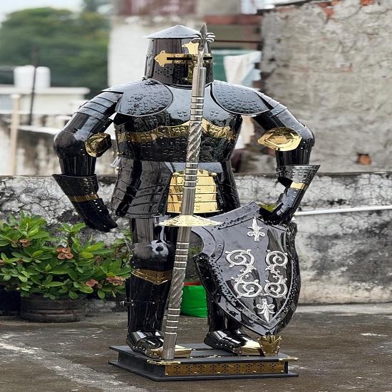 Full Body Templar Knight Armor Black Stainless Steel Suit with Mirror Finish Stand for Cosplay, LARP, Display And Reenactment Use