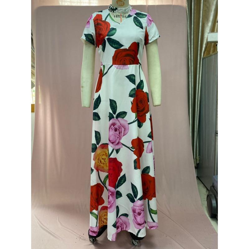 Zomerjurken met korte mouwen en rozenprint voor dames met kralen en patchwork