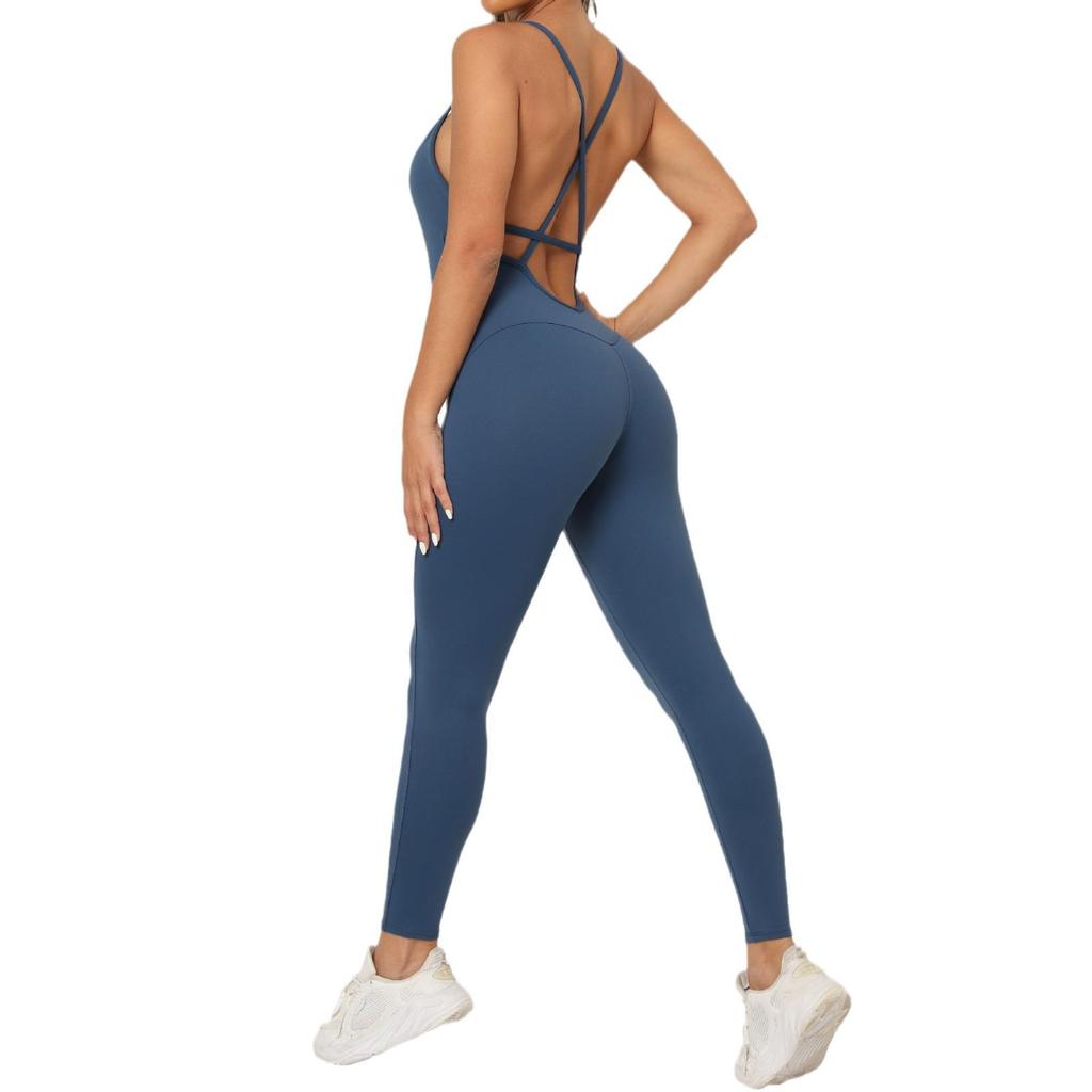 Europäischer & Amerikanischer V-Ausschnitt Rückenfreier Yoga Jumpsuit - Enganliegende Sport- & Fitnessbekleidung für Damen