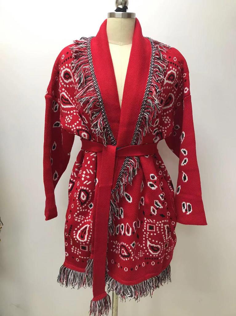 European & American Retro Color-Blocked Tassel Jacquard Mid-Length Cardigan - Women's Loose Fit Lapel Coat for Autumn/Winter
