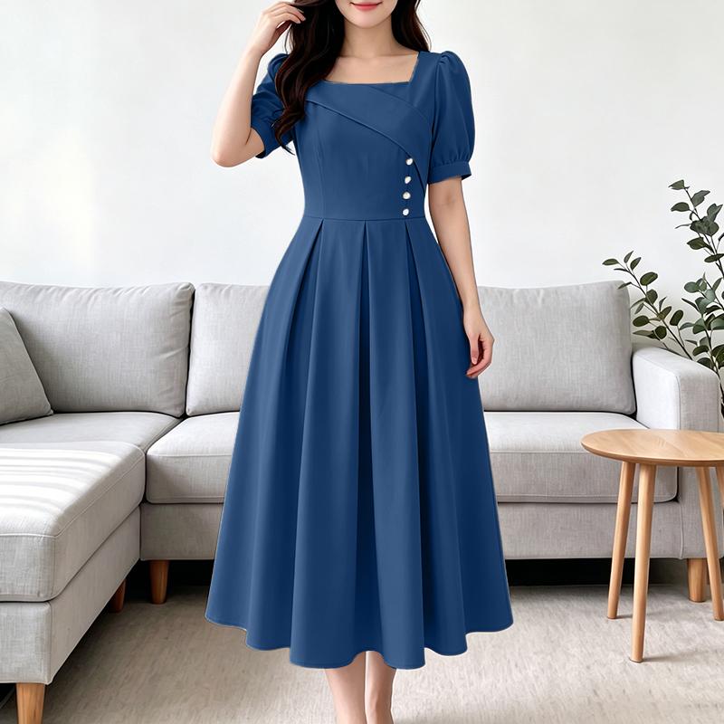 ZANZEA Women Casual Square Collar Summer Elegant Short Sleeve Dress S