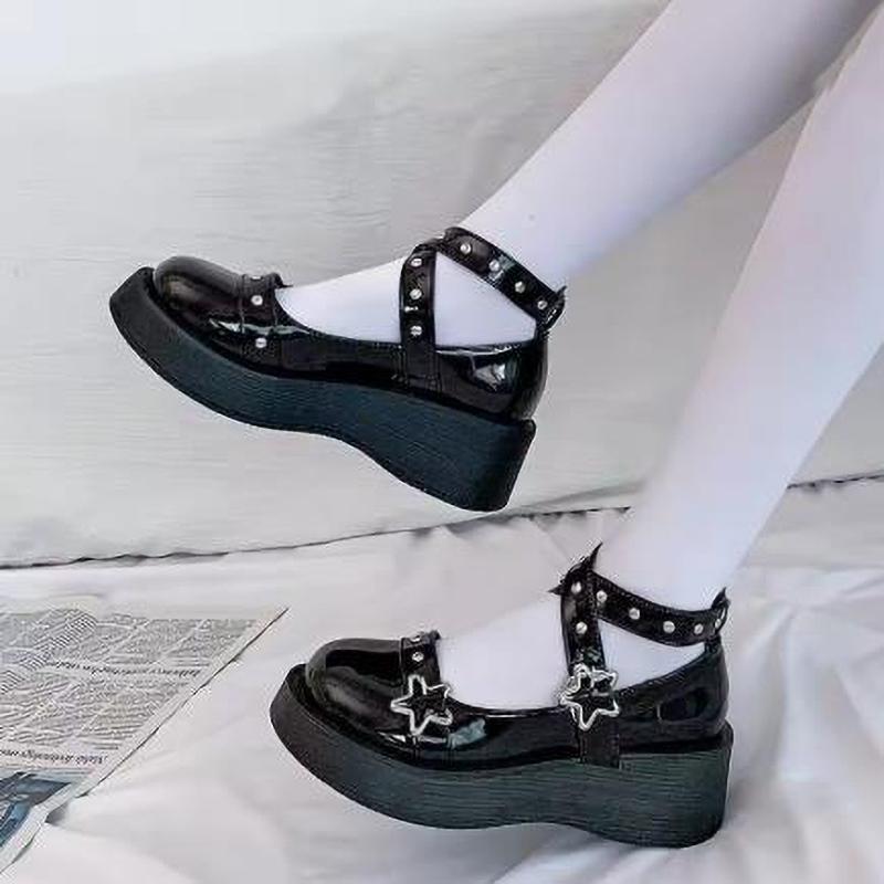 Shoes Lolita Shoes Women Heels Platform Mary Janes Star Buckle Strap Mary Janes Women Cross-tied Girls Rivet Casual Kawaii Shoes