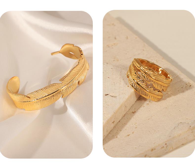 18K Gold Titanium Steel Feather Open Cuff Bracelet - Stylish Wide Design for Couples