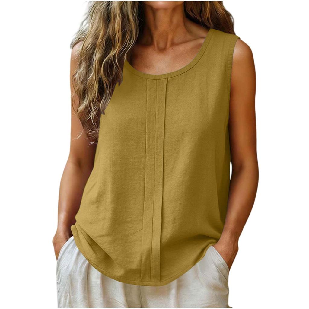 Women Sleeveless Linen Cotton Casual Tank Top Loose Fit Round Neck Lightweight Blouse for Summer Daily Wear