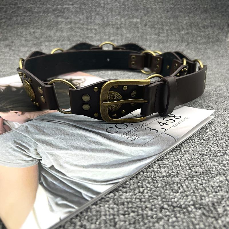 Boucle en Métal Style Cowboy Occidental Ceinture en Cuir PU pour Femmes Rétro Vintage Décoration Rivets Boucle à Aiguille Large Ceinture Cinturones