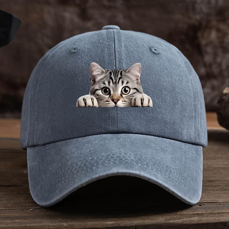 Adjustable Retro Washed Baseball Cap Strap with Cute Cat Print Curved Brim for Sun Protection for Outdoor Travel