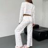 New product printed bow top trousers knitted women's pajamas homewear set autumn and winter Europe and America