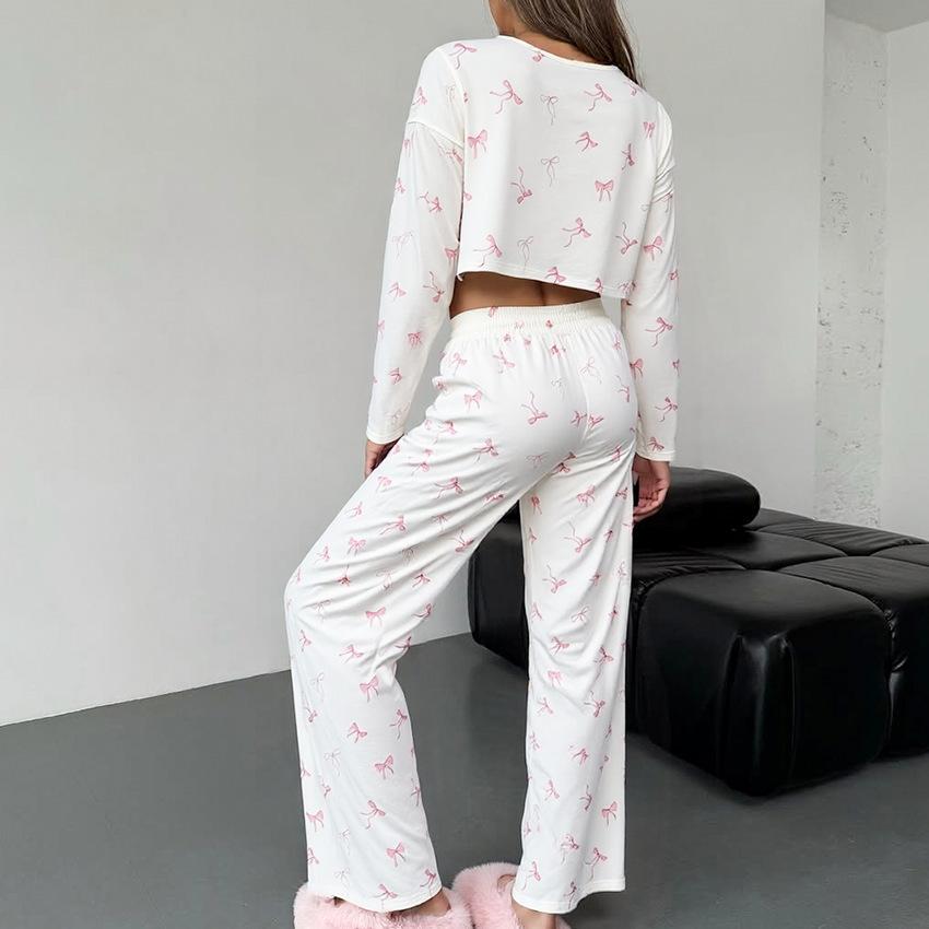 New product printed bow top trousers knitted women's pajamas homewear set autumn and winter Europe and America