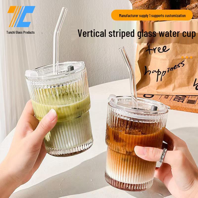 Stylish Vertical Stripe Glass Water Cup with Straw and Lid - Perfect for Iced Drinks