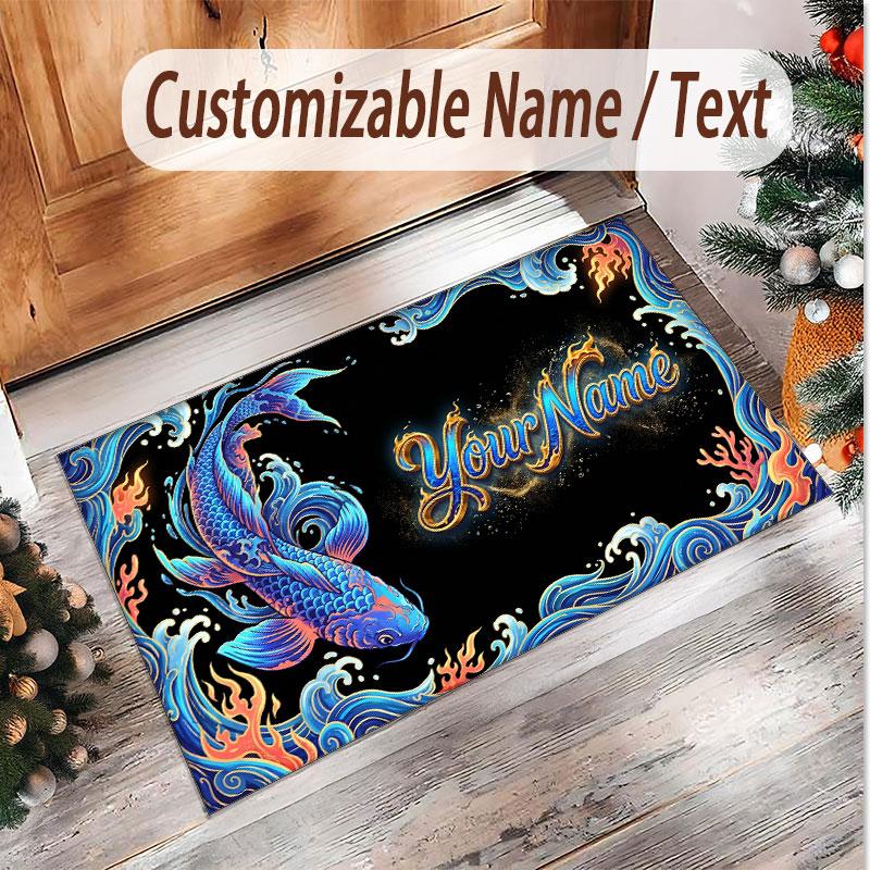 Fish Ocean Theme Soft Crystal Velvet Rug Custom Name & Text Print Non Slip Floor Rug for Bedroom Living Room