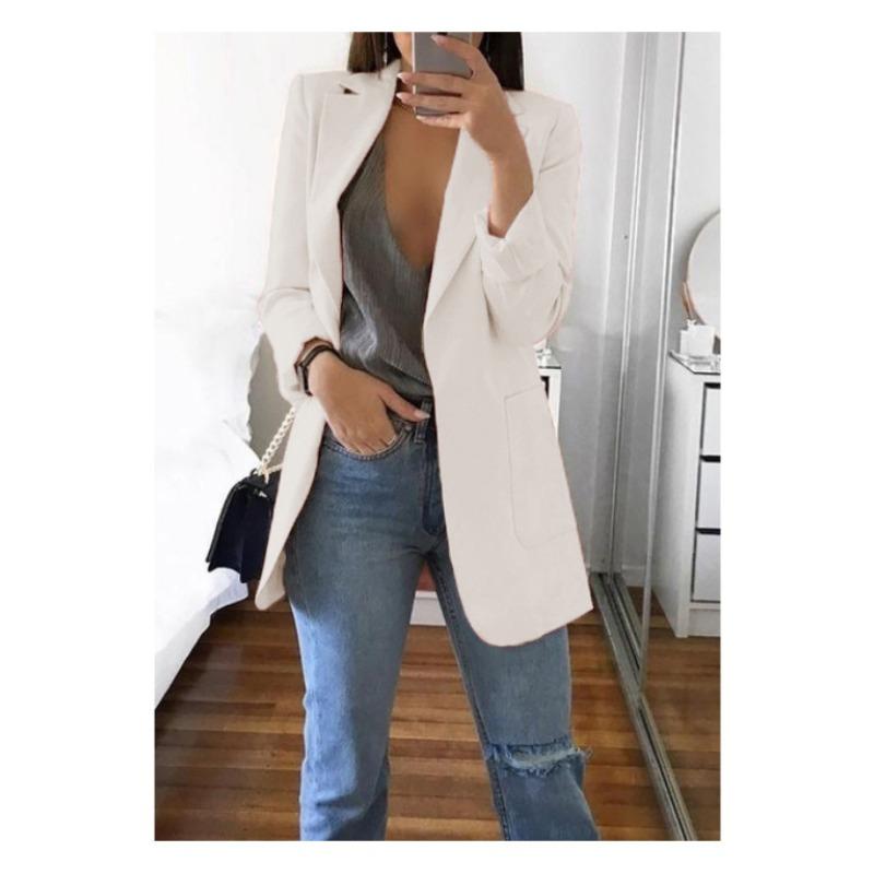 women s Solid Notched Lapel Long Sleeve Open Front Casual Mid Length Blazer Jacket S белый